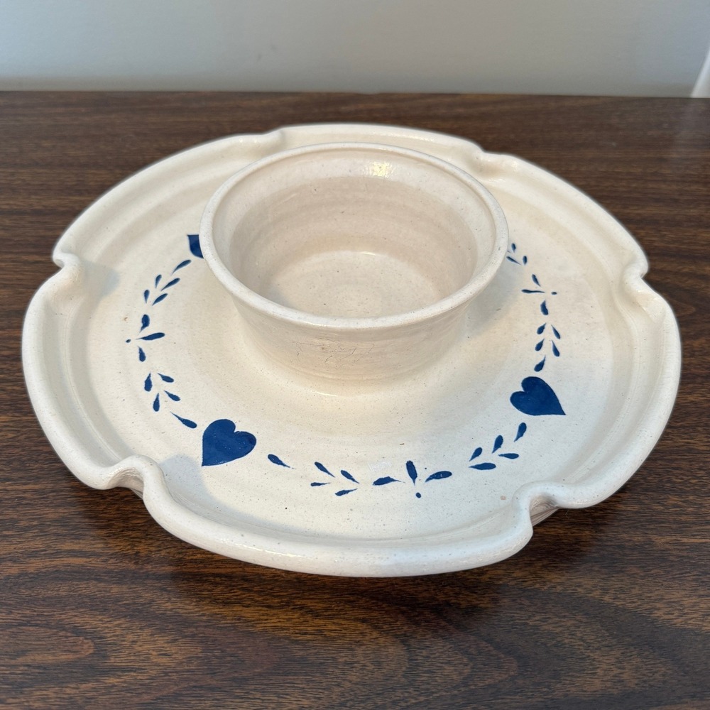 Vintage Stoneware Chip Dip Platter‎ Blue Hearts Farmhouse Cottagecore Tray 11in